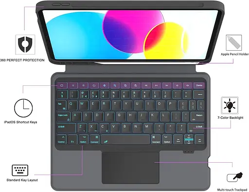 Чохол ROOFEI для iPad 10-го покоління (10,9 дюйма, 2022 р.) зі знімною клавіатурою: 7-колірне підсвічування, сенсорна панель - фото 3
