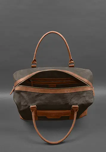 Дорожная сумка из коричневого конваса и натуральной кожи Crazy Horse светло-коричневая - фото 5