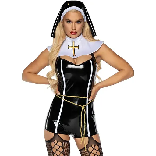 Виниловый костюм монахини Leg Avenue Sinful Sister M, комбинезон, воротник, пояс, головной убор
