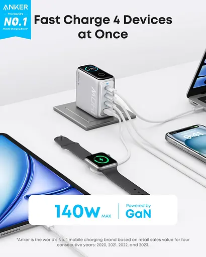 Мережевий зарядний пристрій Anker Laptop GaN Charger 140W 3xUSB-C PD3.1 & 1xUSB-A w Display and Cable Silver (7121461) - фото 3