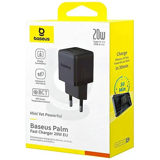 Мережевий зарядний пристрій Baseus Palm Fast Charger C+U 20W EU Cluster чорний - фото 2