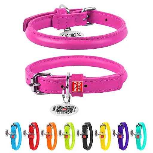 Ошейник для собак кожаный Waudog Glamour с QR-паспортом круглый Д 8 мм Д 20-25 см розовый - фото 2