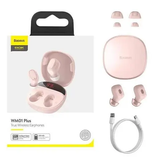 Беспроводные наушники Bluetooth Baseus Encok True Wireless Earphones WM01 Plus, BT5.0, 40mAh, 800mAh, 5h, (NGWM01P-04) pink - фото 6