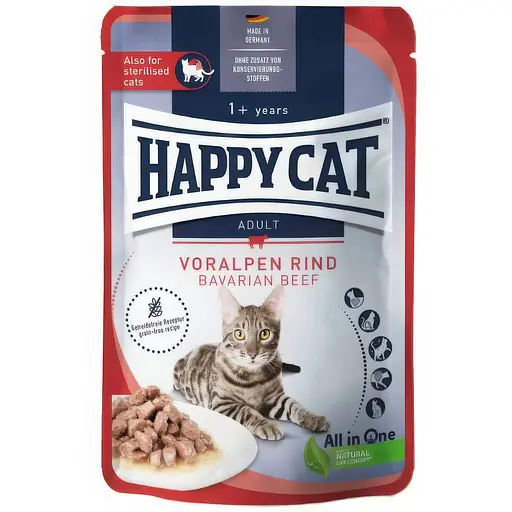 Вологий корм Happy Cat Beutel Voralpen Rind шматочки в cоусі для котів з яловичиною 85 г