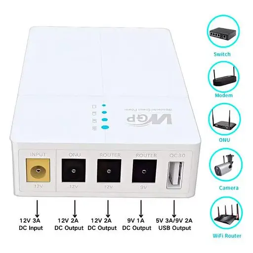 Джерело безперебійного живлення для роутера WGP UPS RCI 302, біле, 13500 мА·год (27 Вт·год), 2xDC (12 В/2 А), 1xDC (9 В/1 А), 1xUSB (5 В/3 А) - фото 3