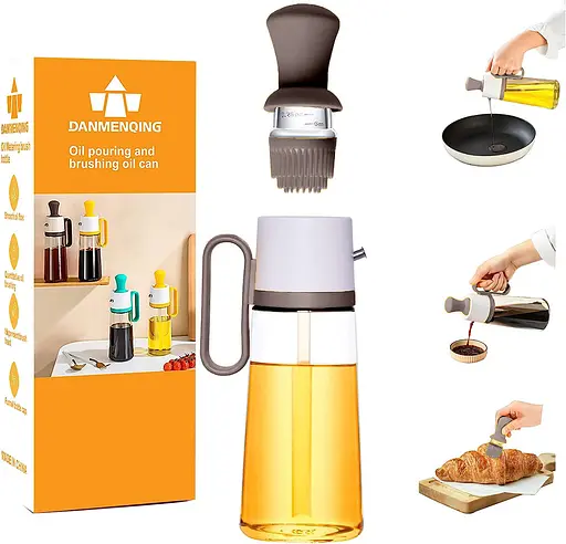 Диспенсер дозатор для масла уксуса соуса стеклянная бутылка с силиконовой щеткой 2в1 630 мл, Danmenqing Коричневый 85106 - фото 1