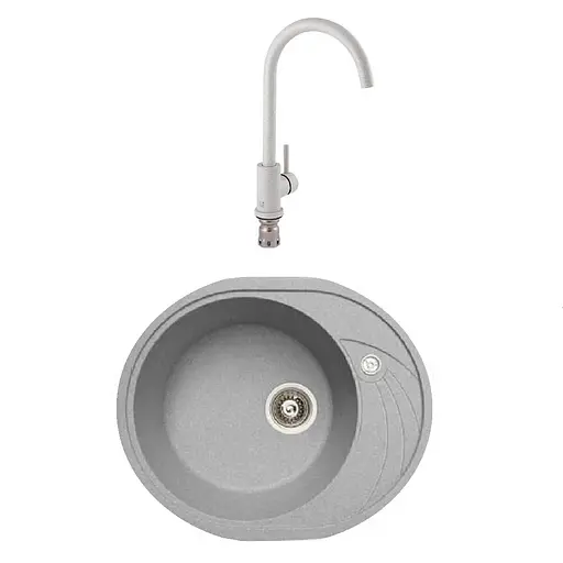 Гранитная мойка с краном овальной формы WIZ №4 580х470 мм (Серая)