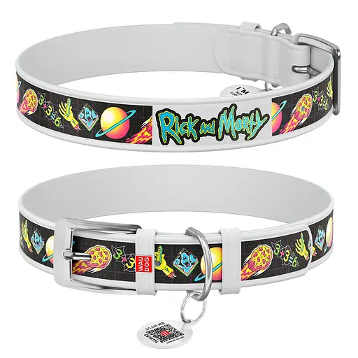 Ошейник для собак кожаный Waudog Design с QR-паспортом "Рик и Морти 3" XS Ш 12 мм Д 20-28 см белый
