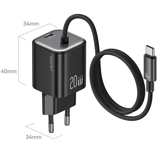 МЗП Usams US-CC261 GaN JC Ser. 20W (2USB-C) + кабель Type-C to Type-C Black - фото 3