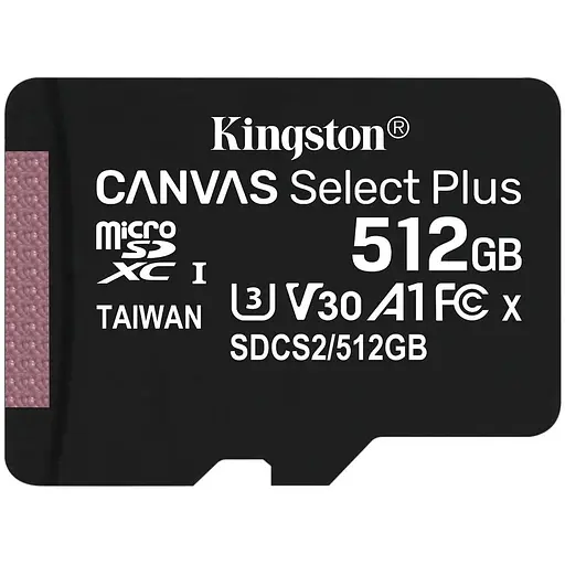 Карта пам'яті microSDXC, 512Gb, Kingston Canvas Select Plus, Class 10 UHS-I U3 V30 A1, без адаптера, до 100/85 MB/s (SDCS2/512GBSP)