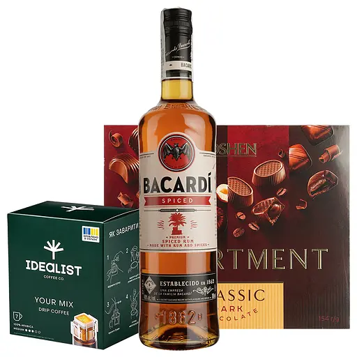 Набір: ром Bacardi Spiced 40% 0.7 л + дріп кава Idealist Coffee & Co. Твій Мікс 84 г + цукерки Roshen Assortment Сlassic чорний шоколад 154 г 