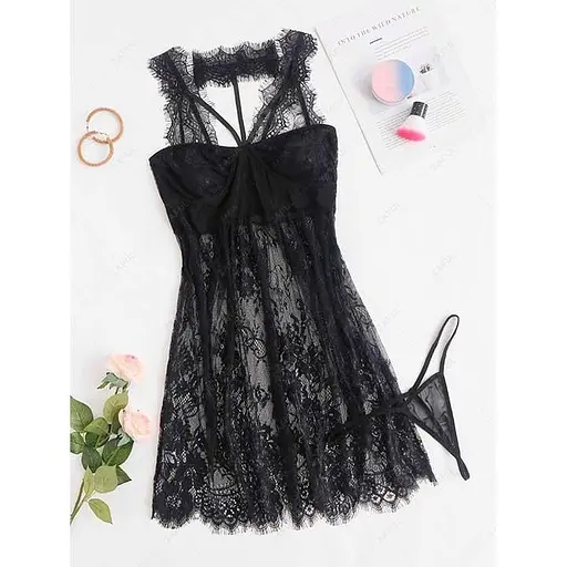 Мереживний пеньюар з чокером S/M Чорний K000935 - фото 1