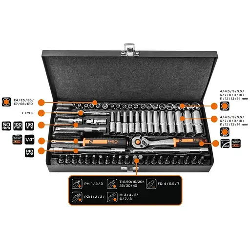 Neo Tools Набор инструментов, Набор торцевых головок, 63шт, 1/4", CrV, металлический кейс