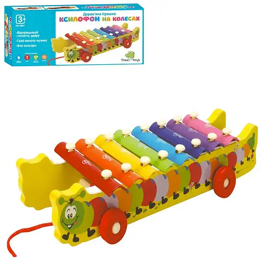 Ксилофон дерев’яний, 8 тонів, каталка на шнурі, 2 палички (В асортименті)