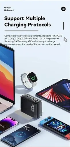 Зарядний адаптер Essager 100W GaN 2U+2C (ES-CD37 / P100AU01A3C0) мзп чорний - фото 5