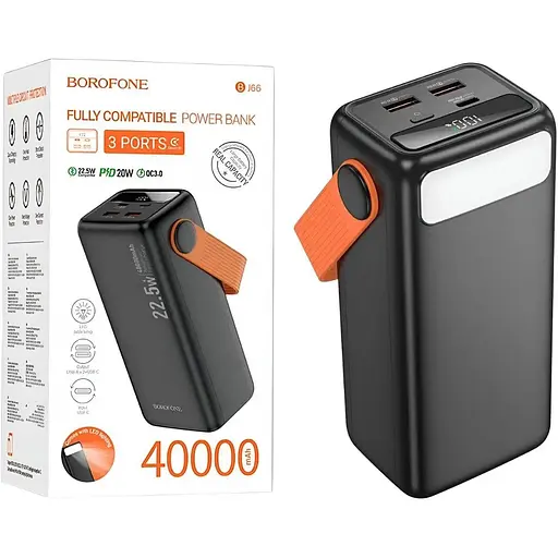 Power Bank Borofone BJ66 40000mAh, Type-C/2xUSB-A, 22.5W + PD20W с LED-дисплеем и фонариком, черный - фото 3