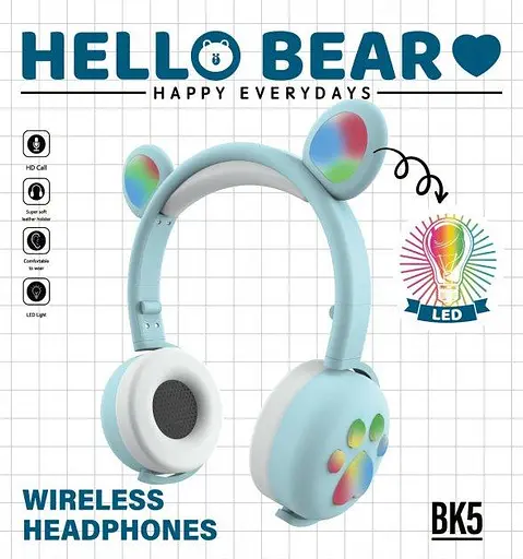Беспроводные детские блютус наушники с микрофоном HELL BEAR ВК5 с ушками медвежонка и LED подсветкой мятный - фото 4