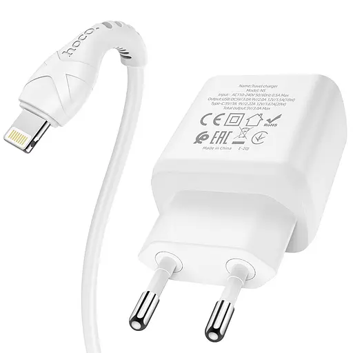 Адаптер сетевой HOCO Type-C to Lightning Cable Favor dual port N5 1USB and 1Type-C PD 20W QC 3.0 3a - фото 2