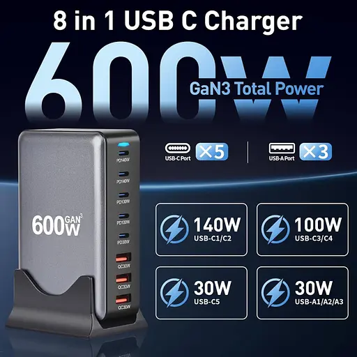 Зарядна станція ILEPO 600W багатопортова на 3 USB + 5 Type-C / мережевий мультизарядний пристрій Black (19027) - фото 7