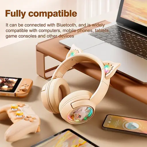 Навушники Onikuma Cat Ear Bluetooth Wireless Gaming Headset B5, BT5.3, AUX, 1000mAh, Type-C, 55H, RGB, ivory - фото 9
