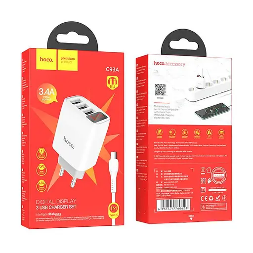 Зарядний пристрій Hoco C93A 3 USB-порти з екраном набір із кабелем Type-C - фото 7