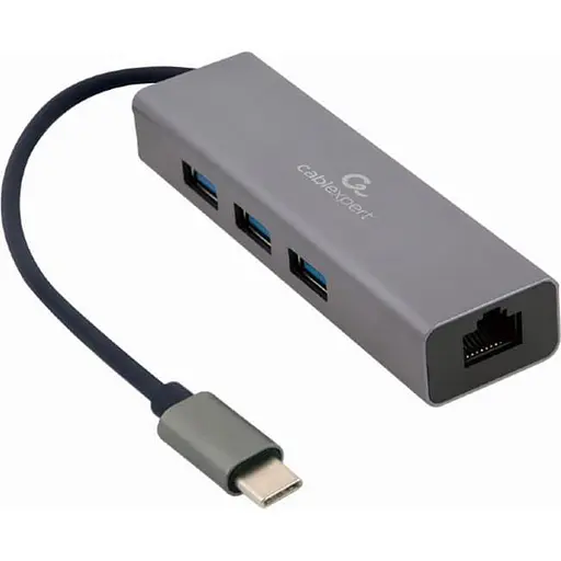 USB-Хаб Cablexpert USB-C 3хUSB3.1 металл, Grey (A-CMU3-LAN-01) - фото 1