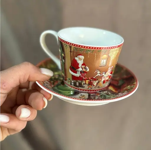 Чайний набір із блюдцями Новорічні подарунки кераміка в подарунковій коробці 120 мл Червоний 2 чашки - фото 3
