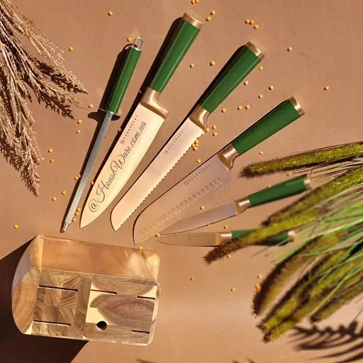 Набір ножів Edenberg 7 предметів з підставкою зелений (EB-11029) - фото 2