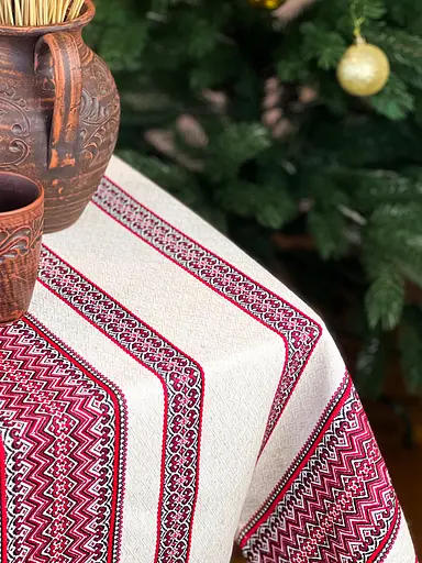 Лляна скатертина різдвяна з українським орнаментом "Рандеву червоний" - 150х110 см - фото 5