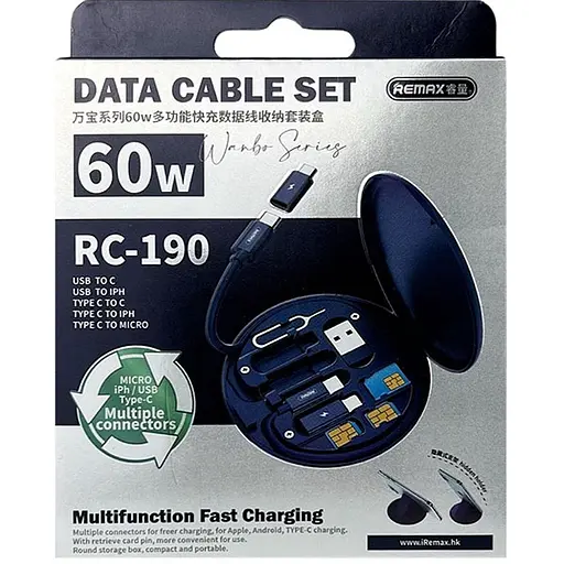 Набор переходников для телефона с кабелем для зарядки Remax RC-190 6в1, синий - фото 6