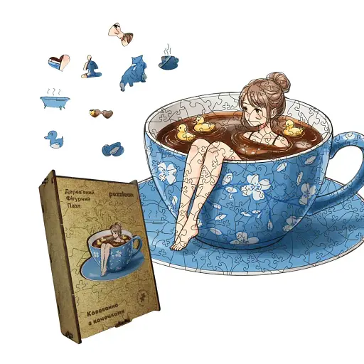 Деревянный фигурный пазл Кофейка с утятками, А4, Картонная коробка 100 элементов