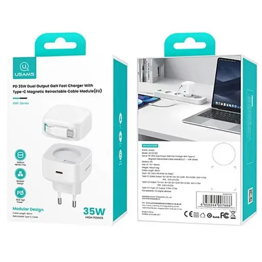 Мережевий зарядний пристрій Usams US-CC202 PD35W Dual 2C Output GaN Fast Charger With Type-C Magnetic Retractable Cable Module (EU) Білий - фото 3