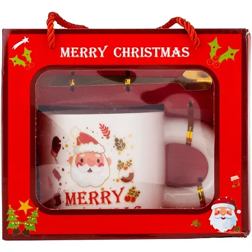Чашка новогодняя Elisey 9150-021-2 Funny Santa керамическая с ложкой 300 мл Белая - фото 1
