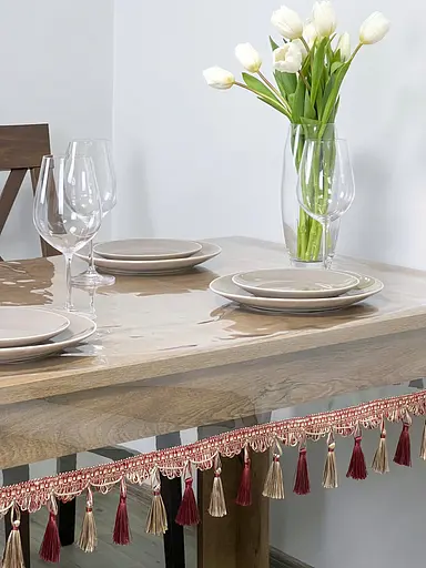 Скатерть силиконовая с бордово-молочной бахромой 370х140 см - фото 4