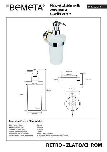 Дозатор для рідкого мила Bemeta Retro настінний скло золото/хром 144209018, Золотий - фото 2