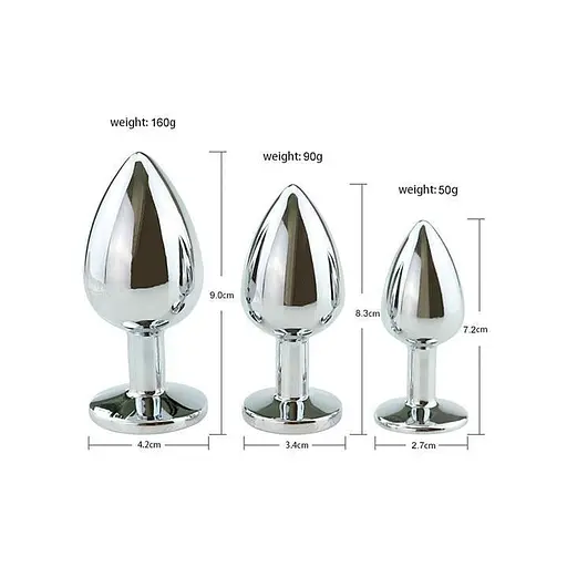 Набор анальных металлических пробок с кристаллами 42x90 мм / 34x83 мм / 28x72 мм (S/М/L) синий - фото 2