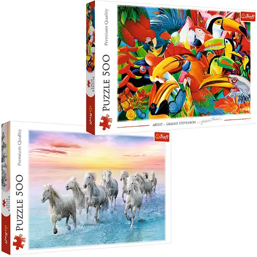 Набор Пазлы - (500 + 500 элм.) - "Цветовые птички" + "Лошади скачут по пляжу" - фото 1