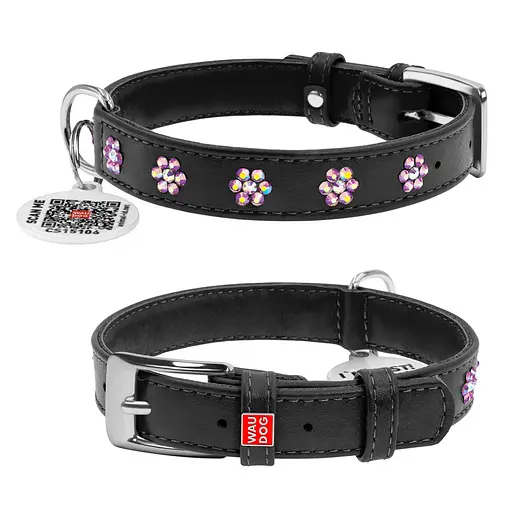 Нашийник для собак шкіряний Waudog Glamour з QR-паспортом з клейовими стразами "Квіти" Ш 15 мм Д 27-36 см чорний