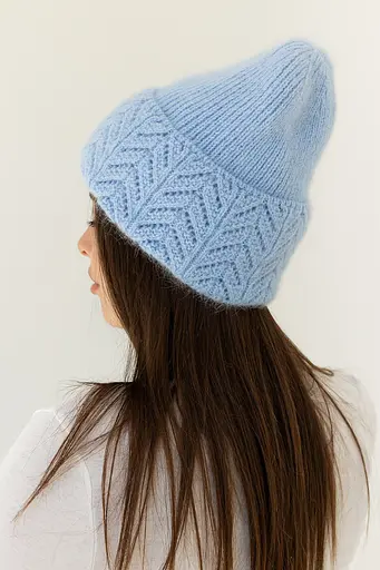Женская вязаная шапка Ангора Ажур с флисовой подкладкой 60% ангора Голубой - фото 3