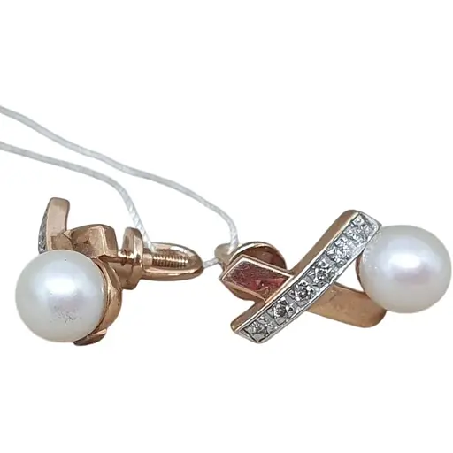 Золотые серьги-пуссеты ЮЗ "Багет" с бриллиантами и жемчугом. 2353