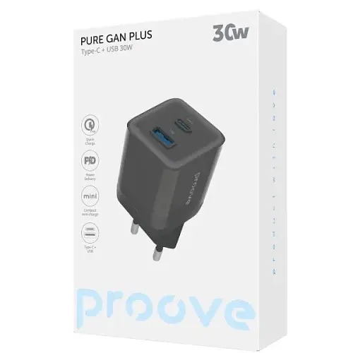 Мережевий зарядний пристрій Proove Pure GaN Plus, Black, 30 Вт, 1xType-C (PD3.0) / 1xUSB (QC3.0) (WCPU30111201) - фото 2