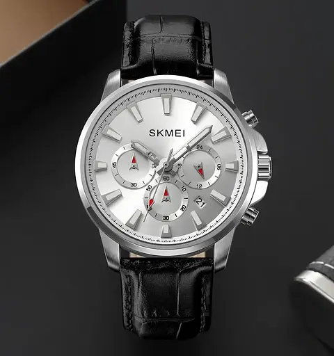 Чоловічий наручний годинник Skmei 2071 з ремінцем з еко-шкіри (Сріблястий) - фото 3