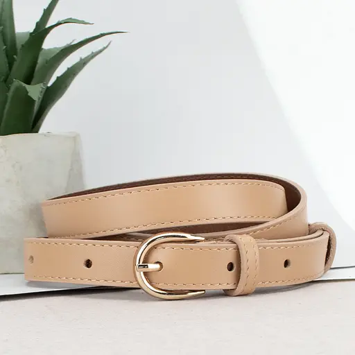 Ремень женский кожаный бежевый PS-2045 (115 см) под брюки с золотой пряжкой - фото 1