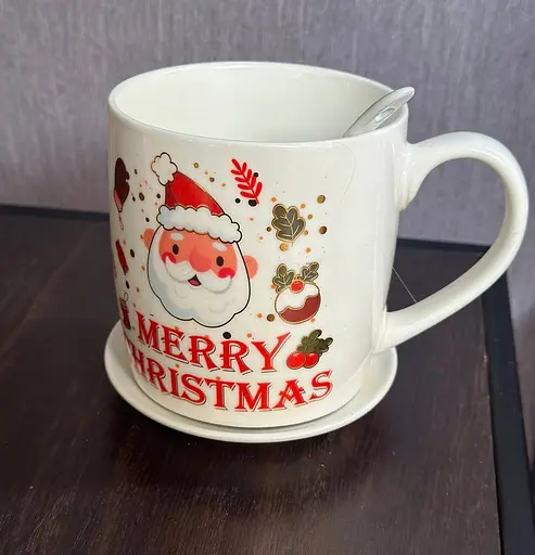 Чашка новогодняя Elisey 9150-005-1 Merry Christmas керамическая с ложкой и блюдцем 350 мл Белая - фото 4