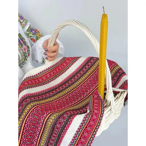 Комплект Пасхальная корзина Буковина (большая) с льняным полотенцем 70х45 см Грация красная и свеча