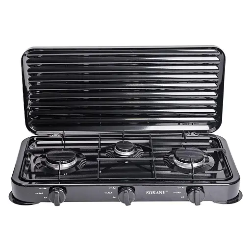 Настольная газовая плита Sokany SK-6003B 3 конфорки 5.5 кВт под баллонный газ Черный