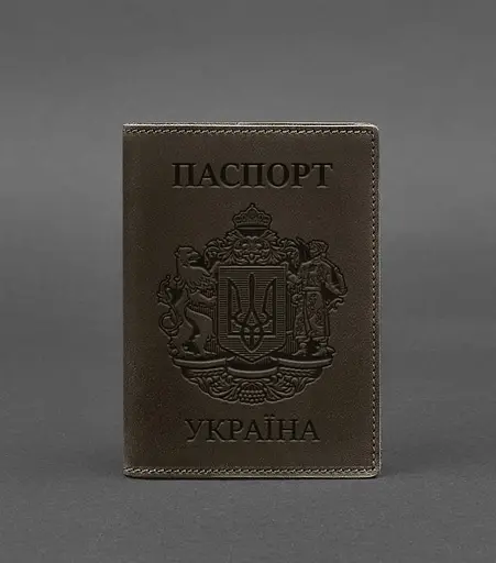 Кожаная обложка для паспорта с украинским гербом темно-коричневая - фото 1