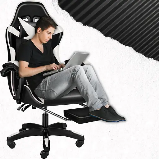 Кресло геймерское PLAYER с подставкой для ног и массажем White/Black (100009) - фото 6