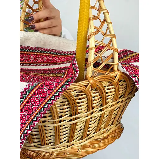 Комплект Великодній кошик Галичина коричневий з лляним рушником 70х45 см Грація червоний та свічкою - фото 2