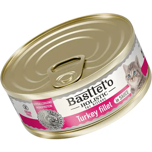 Влажный корм для котят Basttet`o Holistic кусочки филе индейки в соусе 85 г ж/б